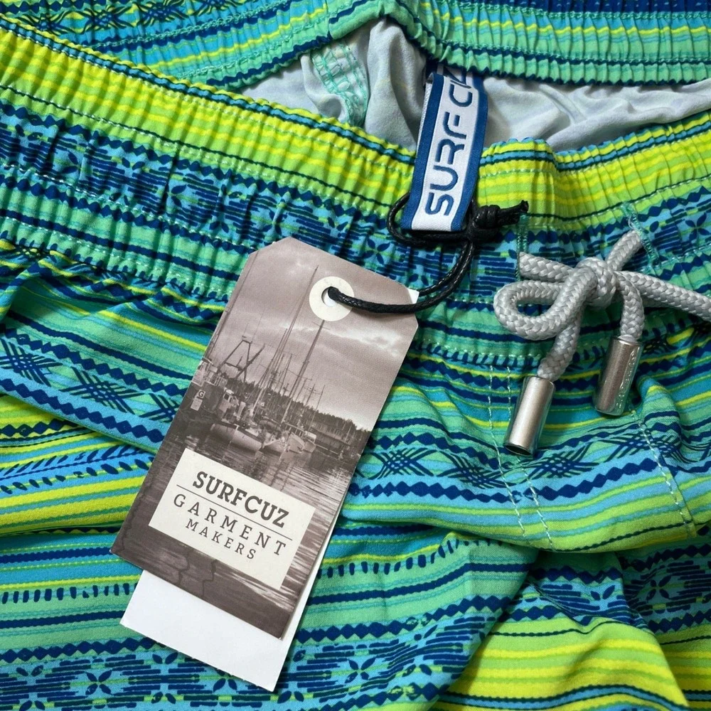 Surfcuz Women Board Shorts Size 32 Green Blue Geometric Stripe Swim Trunks NWT